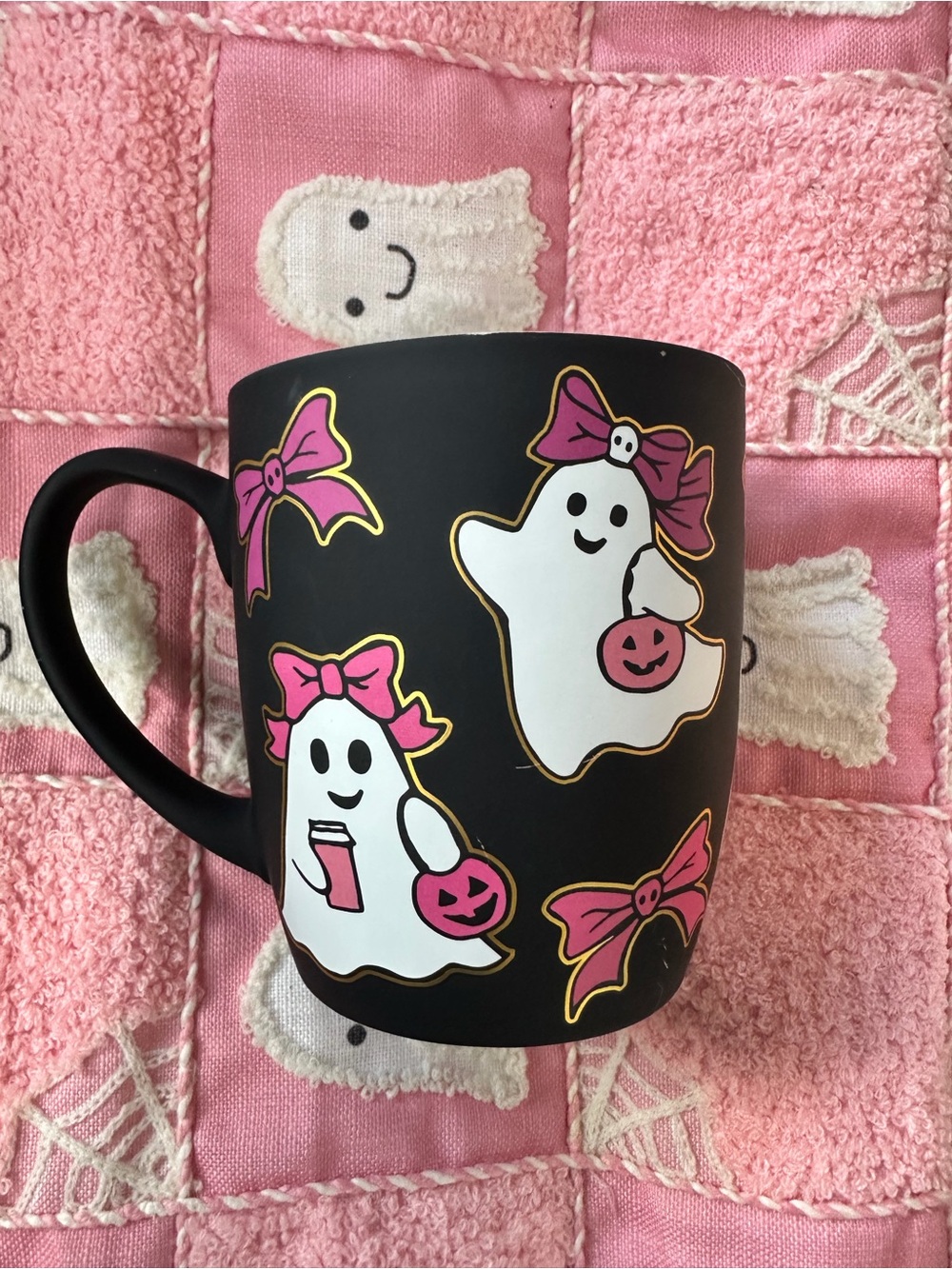 Halloween Ghost Print Black Mug with Pink Accents